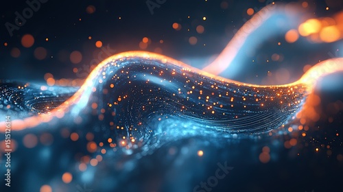 A swirling ribbon-like circuit glowing radiant cerulean blue with tiny golden nodes