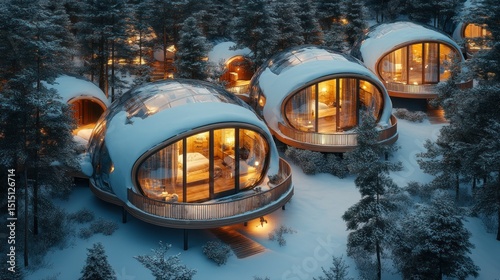 Snowy, modern, geodesic domes nestled in a winter forest