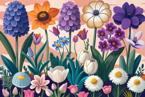 Vector of Various garden flowers including rose, tulip, orchid, Espatifilo, bells flowers, Bellis perennis, bulb flowers illustration background