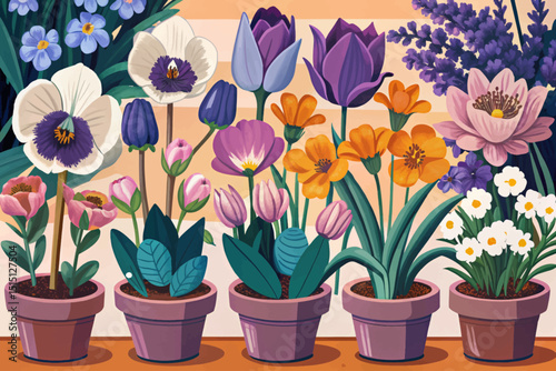 Vector of Various garden flowers including rose, tulip, orchid, Espatifilo, bells flowers, Bellis perennis, bulb flowers illustration background