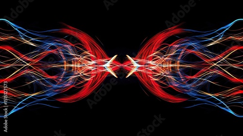 A symmetrical circuit pattern with vibrant neon red and indigo colors flowing through angular golden wires