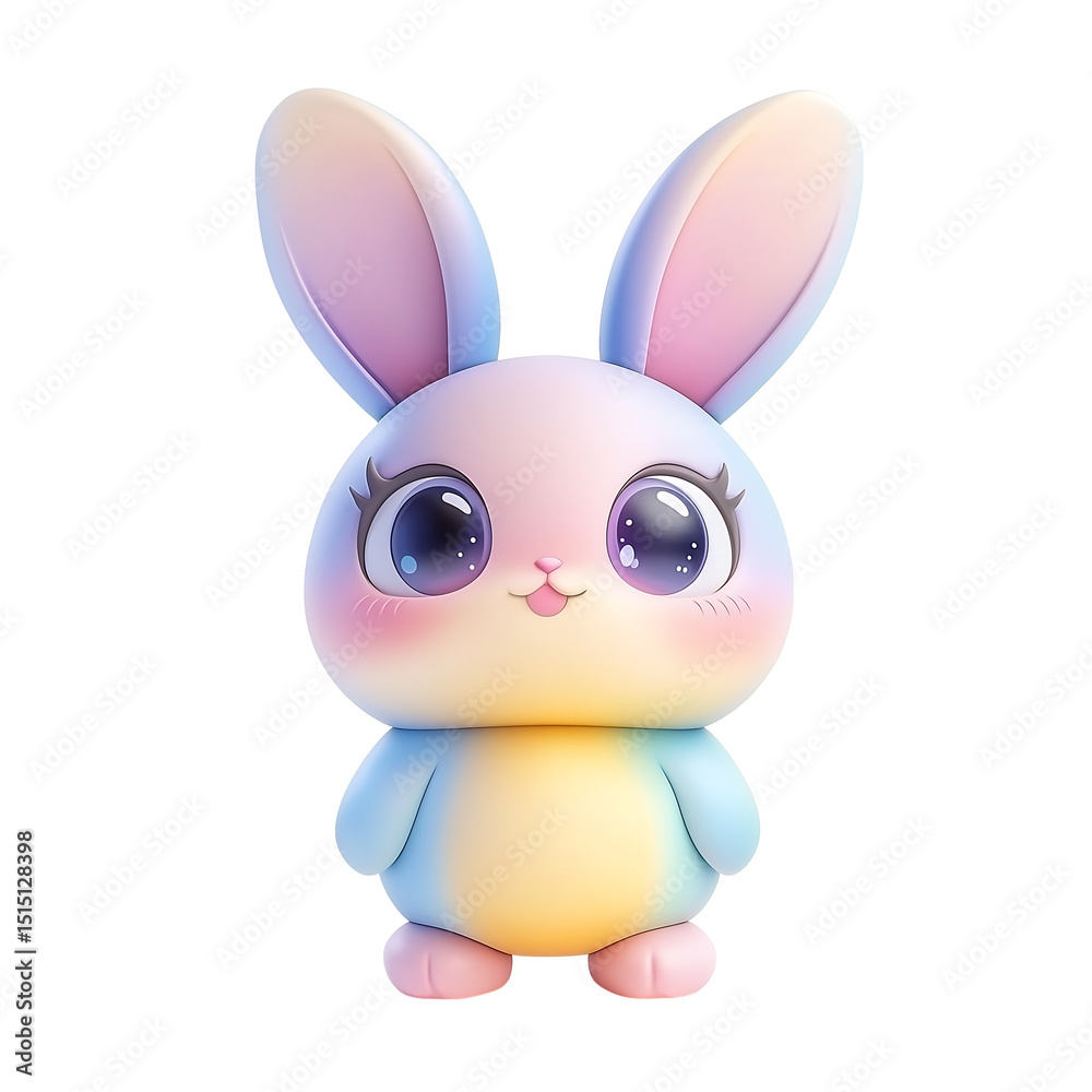 Fototapeta premium Cute pastel-colored cartoon bunny with oversized eyes and a cheerful expression. Isolated on transparent white background, png
