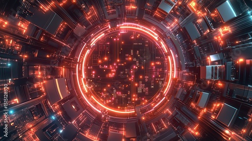 A top-down digital visualization of a circular circuit board surrounded by soft crimson and silver gradients