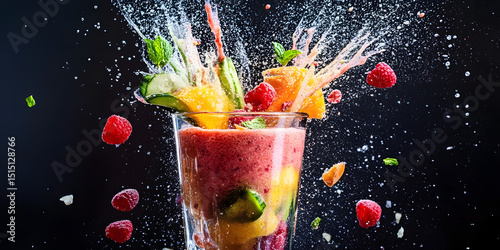 Fototapeta Naklejka Na Ścianę i Meble -  Smoothie explosion images, fruits images, splash images, healthy drink, food photography, refreshing drink, colorful images, diet design