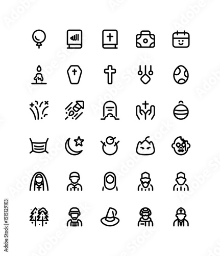 Holiday iconography set. Various simple illustrations, including: halloween, jack o lantern, priest, happy new year, fireworks, witch hat, briefcase, calendar, balloon, party, decoration, etc.