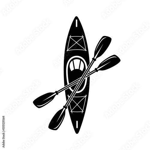 Kayak silhouette with crossed paddles in black and white design  