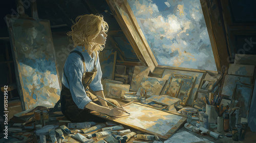 A painter creating art in a sunlit attic with vibrant colors photo