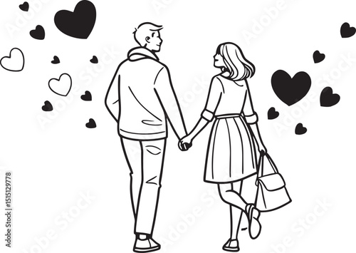 single line drawing of a couple holding hands with love simble