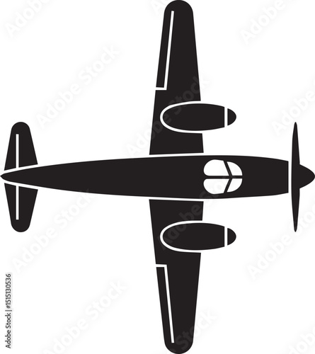 Top view black silhouette of a vintage propeller airplane