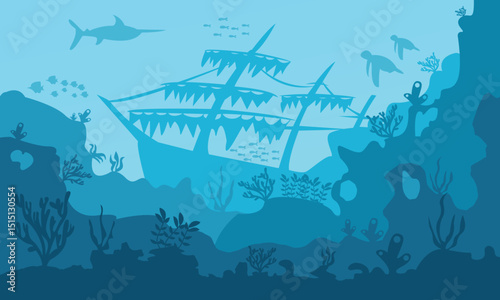 World oceans day design concept with blue underwater landscape ship, sharks and sea fishes. 8th june, world oceans day.