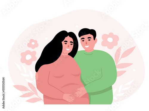 Couple expecting a baby. Husband supports pregnant wife, takes care of her. Vector flat graphics.