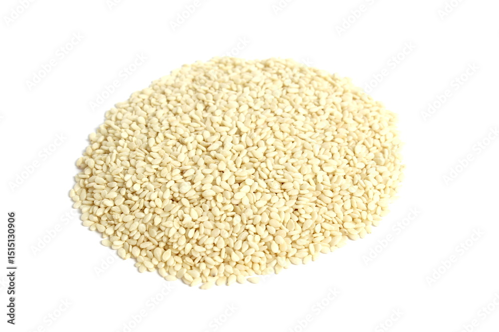 There is a small pile of sesame seeds on a white background. There is a small pile of sesame seeds on a white background.