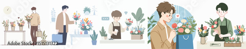 vector of a young man buying flowers