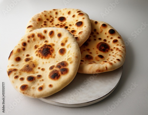 freshly baked flatbreads with golden brown spots on light background photo