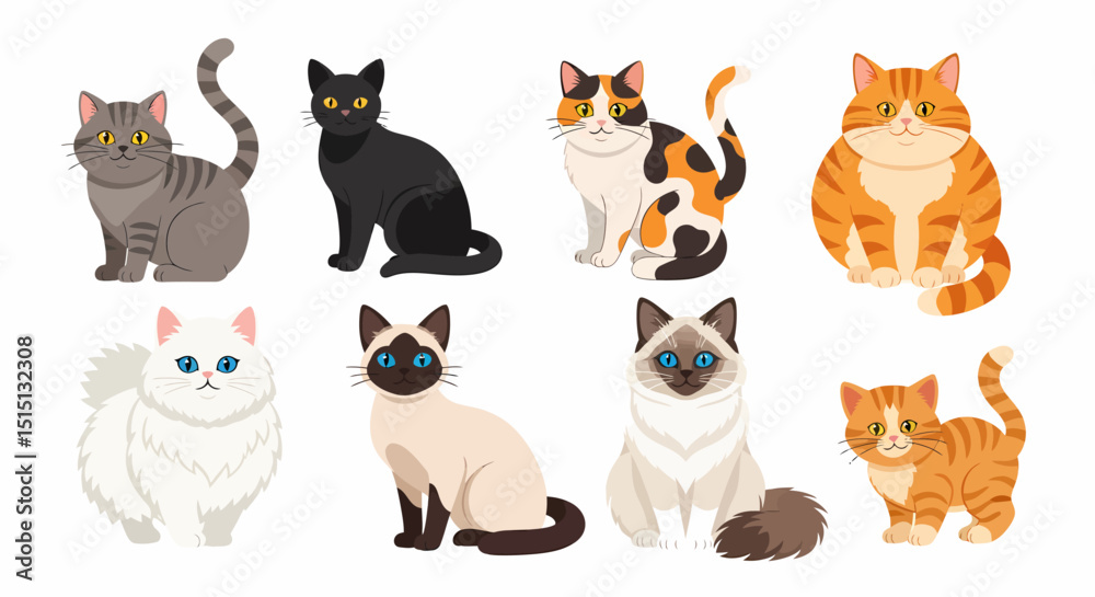 Cute Cartoon Cats Illustration of Different Breeds Set Cute Cartoon Cats Illustration of Different Breeds Set
