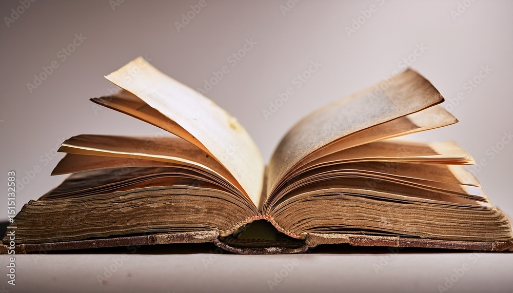 Fototapeta premium open book with weathered pages against a neutral background studio shot