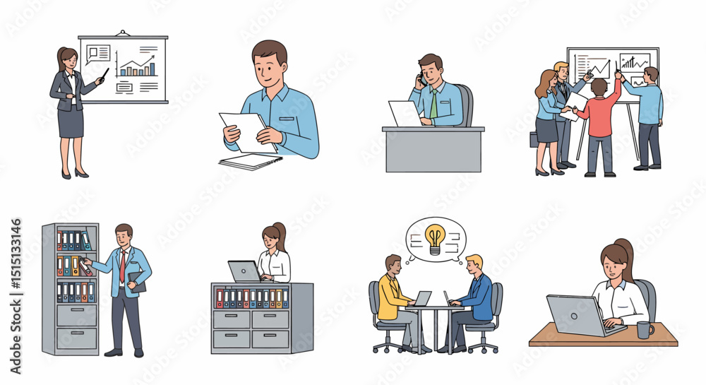 Illustrations of Professionals in Various Office Workplace Situations Illustrations of Professionals in Various Office Workplace Situations