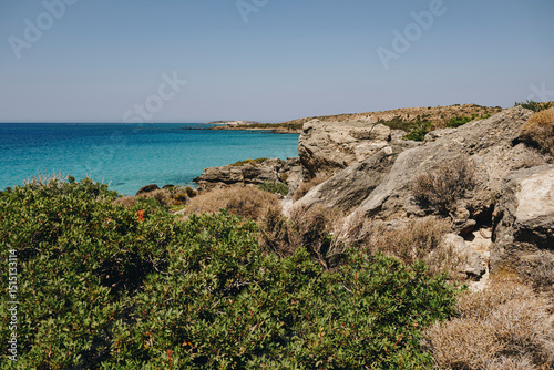 Landscape with a coastline of Mediterranean Sea as seen from Kedrodasos Beach on the island of Crete