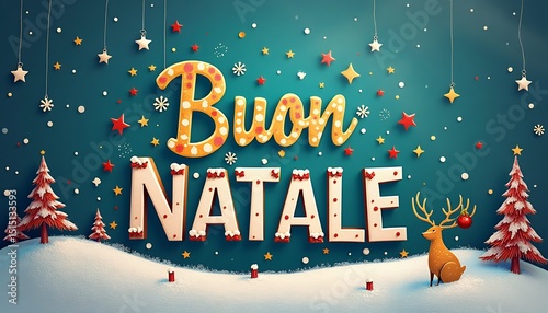 Buon Natale illustration with reindeer and Christmas trees
