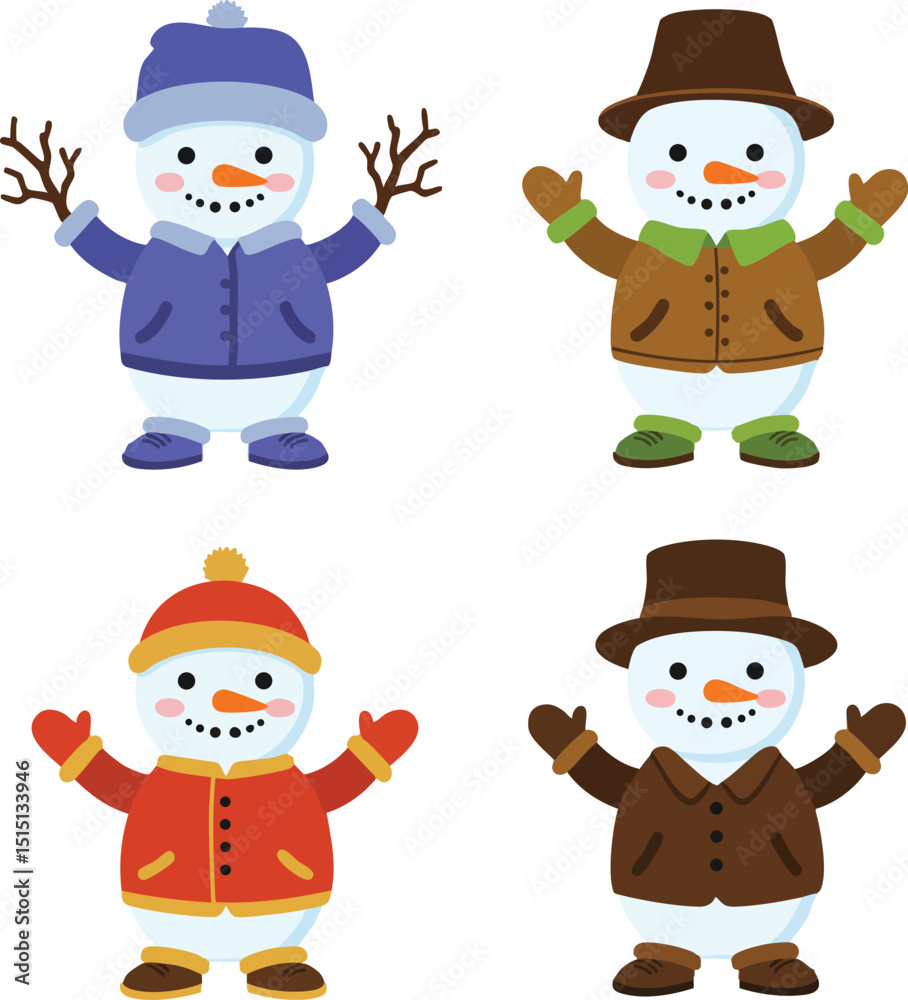 Snowman characters in colorful winter clothing with hats and gloves vector illustrations set Snowman characters in colorful winter clothing with hats and gloves vector illustrations set