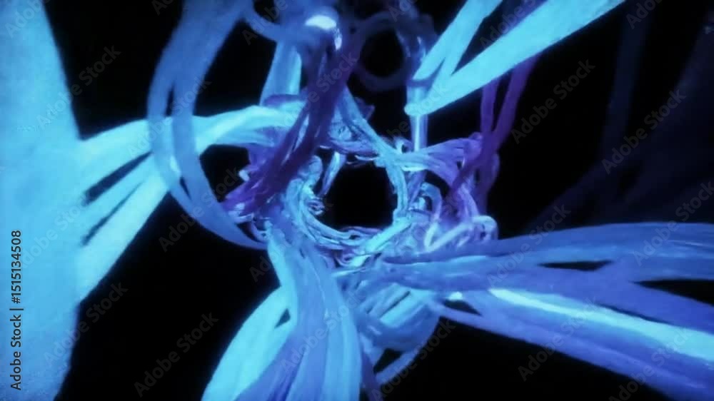 Abstract blue and purple glowing strands swirling around a dark center creating a tunnel effect view