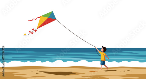 Young boy flying colorful kite on sandy beach by the ocean  