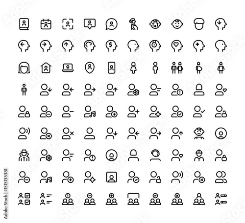 Users iconography set. Various simple illustrations, including: user, think, head, conscious, couple, male, female, head, voice, speak, voting, options, detail, group, member, employee, subscriber