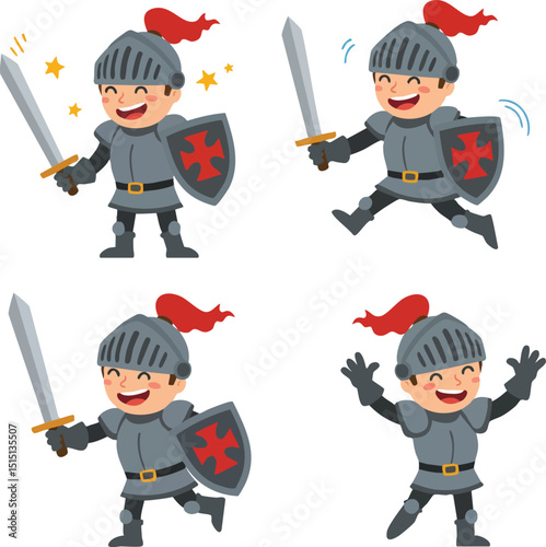 Cartoon knight in shining armor with red plume and sword in various joyful poses vector illustration 