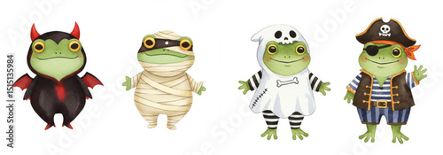 Frogalicious Halloween Costumes - Four adorable frogs dressed in Halloween costumes: devil, mummy, ghost, and pirate. Symbolizes fun, festivity, creativity, whimsy, and autumn