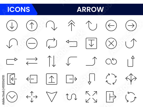 Vector illustration web line icon collection showcasing circular and arrow elements symbolizing direction, movement, navigation, progress, rotation, flow, process, and continuous improvement.
