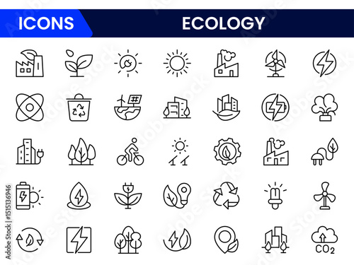 Vector illustration web line icon collection depicting ecology concepts, including nature, sustainability, environment, conservation, green energy, and ecosystem protection symbols.
