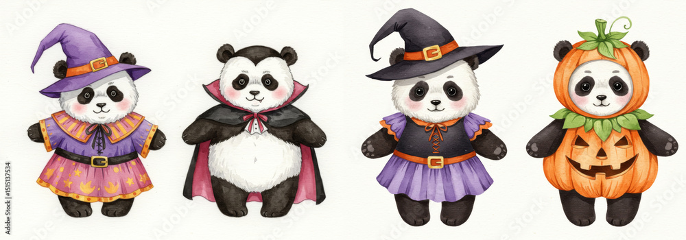 Naklejka premium Adorable Pandas Halloween Costumes Clipart - Four cute pandas dressed in Halloween costumes: witch, vampire, witch, and pumpkin. Perfect for autumn, fall, October