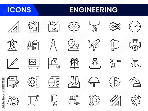Vector illustration web line icon collection featuring engineering tools, gears, blueprints, machinery, technical design, innovation, construction, and mechanical components.
