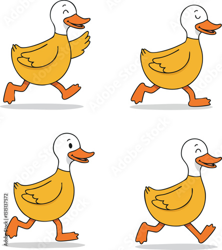 Cartoon duck running in different poses with cheerful expressions vector illustration 