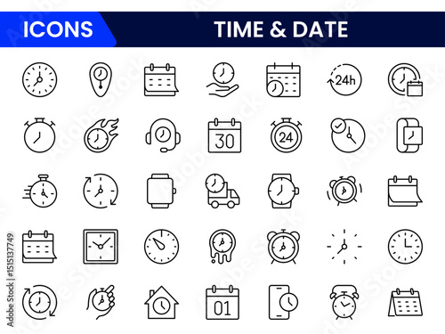 Vector illustration web line icon collection depicting clocks, calendars, timers, schedules, deadlines, time management, appointments, and date tracking for efficient organization.
