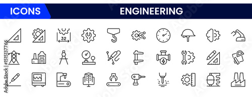 Engineering and manufacturing line icons collection. Big UI icon set in a flat design. Thin outline icons pack.