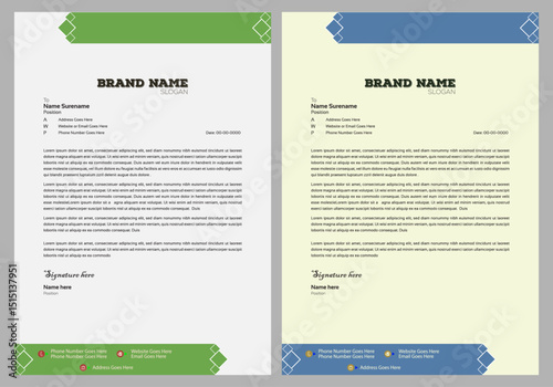 Professional letterhead template design for business project. Corporate letterhead document with company logo & icon. Official letterhead layout with abstract geometric background.
