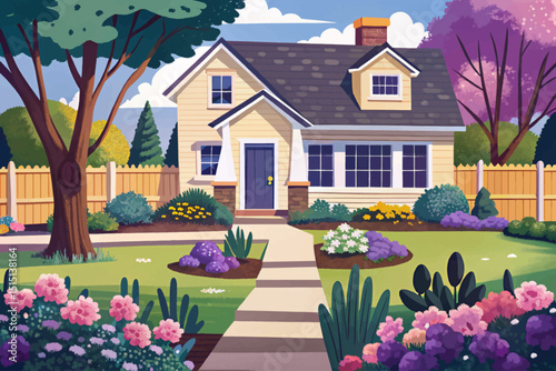 Amazing house backyard with trees vector, bushes, green grass lawn, flowers, garden tools and wood fence. Horizontal garden banner illustration