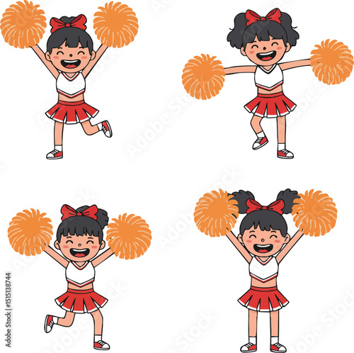 Cheerful little girl cheerleader performing energetic dance with pom poms in red and white outfit vector illustrations 