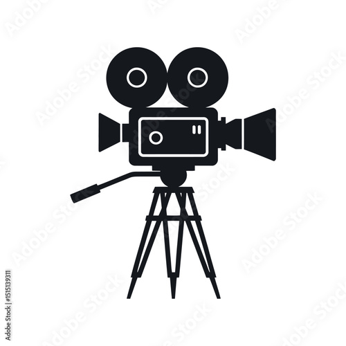 Vintage Film Camera Icon on Tripod Black Silhouette on White Background Cinema Equipment Motion Picture Production Retro Movie Making Filmmaking Tool