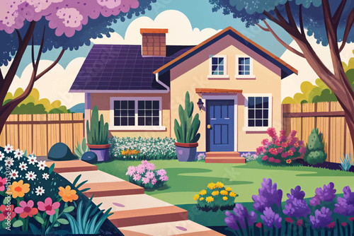 Amazing house backyard with trees vector, bushes, green grass lawn, flowers, garden tools and wood fence. Horizontal garden banner illustration