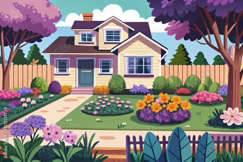 Amazing house backyard with trees vector, bushes, green grass lawn, flowers, garden tools and wood fence. Horizontal garden banner illustration