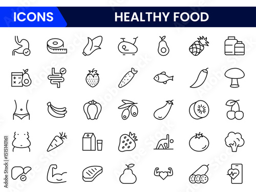 Vector illustration web line icon collection featuring healthy food items like fruits, vegetables, grains, balanced meals, organic produce, nutrition symbols, and wellness-focused eating habits.
