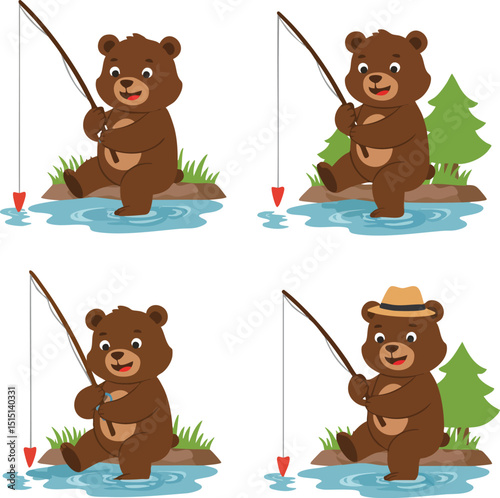 Bear fishing with rod and hat sitting on rock near pine tree in water vector illustration 