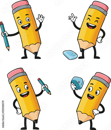 Cartoon pencil character with eraser holding pencil and waving happy expressions vector illustration 