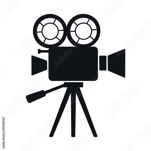 Vintage Film Camera on Tripod Silhouette for Filmmaking and Cinema History Black and White Vector Illustration for Design Projects
