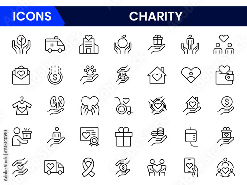 Vector illustration web line icon collection showcasing charity themes, including giving, helping hands, donations, support, community aid, and humanitarian assistance symbols.
