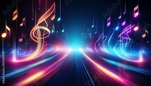 abstract digital music background with glowing neon musical notes and light trails