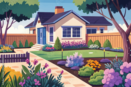 Amazing house backyard with trees vector, bushes, green grass lawn, flowers, garden tools and wood fence. Horizontal garden banner illustration