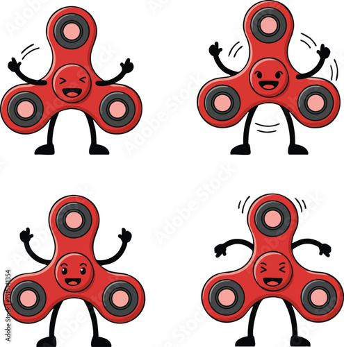 Red fidget spinner characters showing different emotions and hand gestures vector illustration 